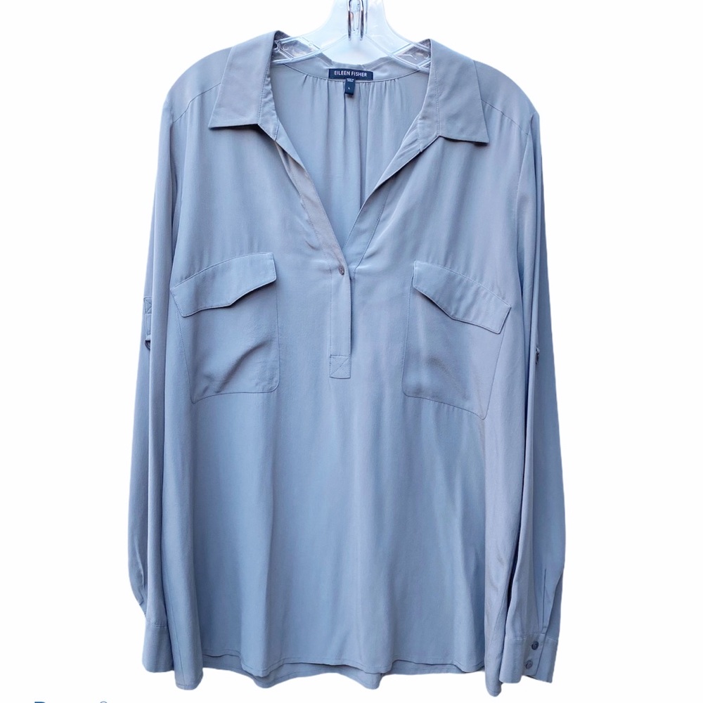 Eileen Fisher Silk V-Neck Henley Blouse Gray Large
